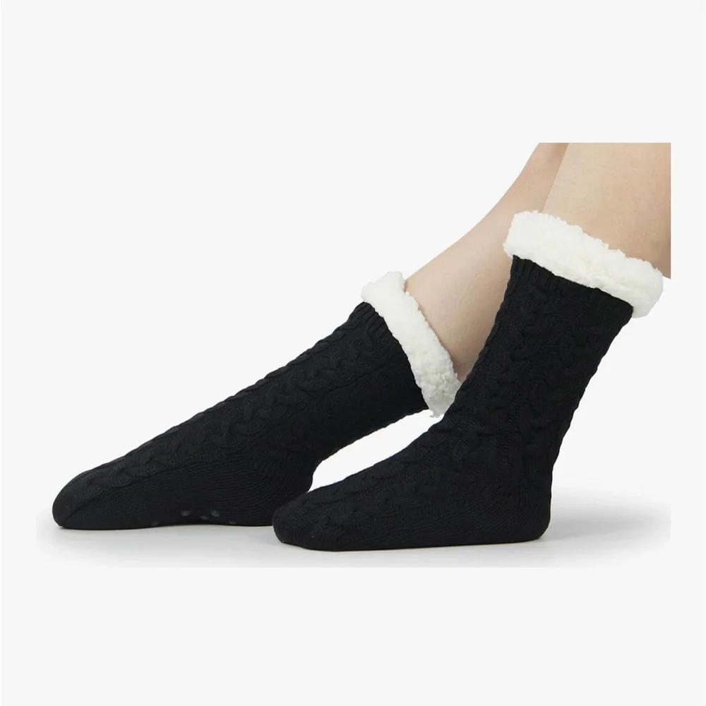 Cozy Black Knit Socks with White Fleece Lining Non Slip